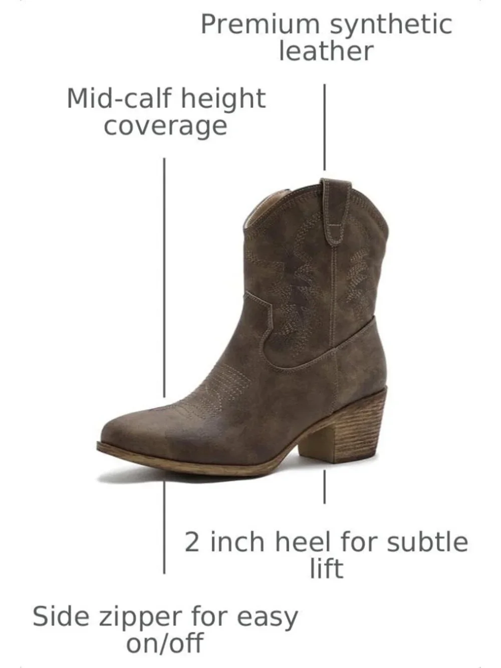 Women's Brown 1 Pointed Toe Cowgirl Faux Leather Side Zipper Ankle Booties